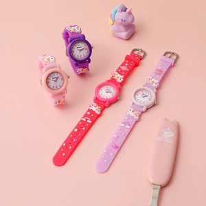 Cute cartoon unicorn quartz watch for girls with colorful 3D silicone straps and rainbows