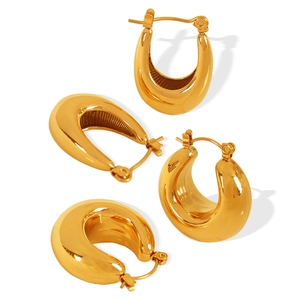 Minimalist chunky 18K gold plated U-shaped hoop earrings shown from multiple angles