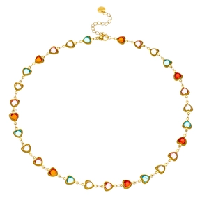 Golden stainless steel heart link necklace featuring colorful faceted rhinestones on white background