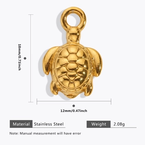 Macro detail van een gouden roestvrijstalen schildpad hanger met afmetingen en specificaties