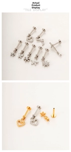 Detailed tile display of titanium labret studs with heart butterfly and flower charms