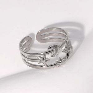 Star and moon镂空 stainless steel open ring with 18k gold plating in silver finish