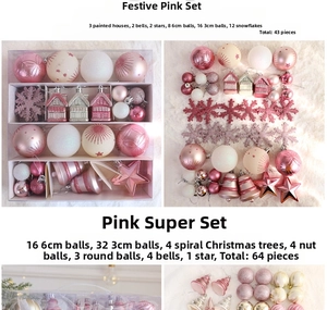 Détail du set de 64 décorations de Noël roses avec boules, étoiles et flocons de neige