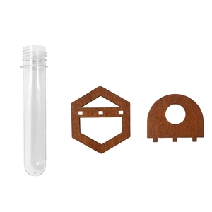 Flat lay view of clear plastic hydroponic test tubes and brown wooden frame components