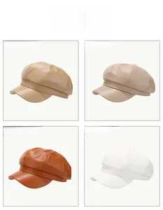 Collage of four vintage PU leather newsboy hats in khaki, beige, caramel, and white colors