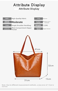 Detailed view of brown crocodile pattern tote bag with dimensions 31cm wide and 32cm high