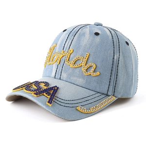 Vintage Washed Denim Baseball Cap Rhinestone Florida Lettering Adjustable Sun Protection Outdoor Streetwear Unisex