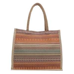 Bohemian jute tote bag with retro geometric tribal patterns and thick handles