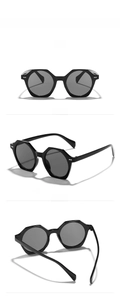 Detailed multi-angle views of black octagonal sunglasses with dark grey lenses and silver rivets