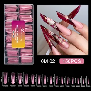 Detailed size chart for 150pcs pink crystal nail molds with dimensions for all 15 sizes
