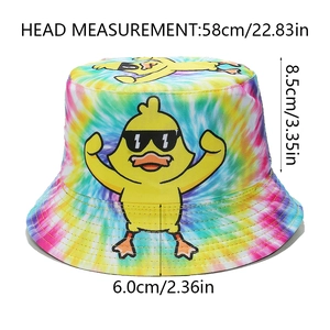 Detailed size chart of tie-dye duck bucket hat with brim and depth measurements