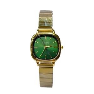Minimalist quartz watch for women with golden steel band and green square dial face