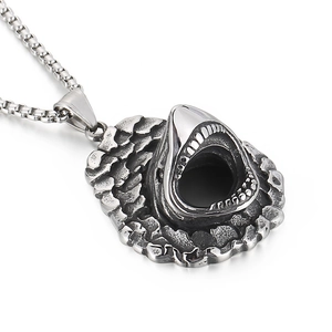 Vintage silberne Edelstahlkette mit Punk Hai-Maul-Anhänger für Herren