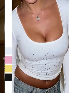 Femme T-Shirt Court Moulant À Col En U Et Manches Longues Avec Strass Style Y2K Tricot Côtelé Sexy Streetwear