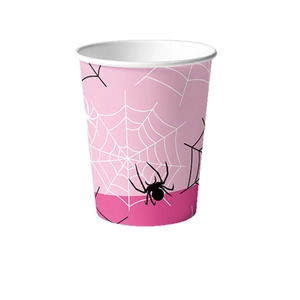 Pink spider web themed disposable paper cup for party decoration on white background