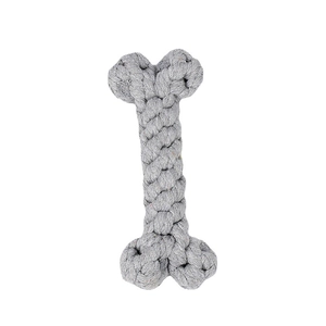 Durable cotton rope dog chew toy in bone shape, woven grey texture for pet dental health