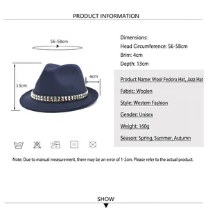 Cappello Fedora in feltro blu scuro con borchie argentate e specifiche di taglia