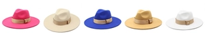 Detail of wide brim wool fedora hats in multiple colors with metallic bee accents