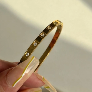 18k gold plated stainless steel geometric bangle with embedded zircons for women