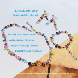 Detailed view of colorful Gema jewelry set featuring crystal necklace, bracelet and earrings