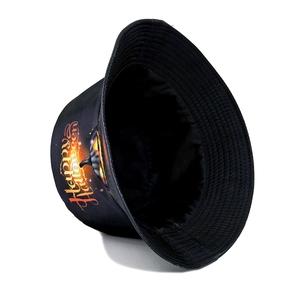 Close-up of black bucket hat with Happy Halloween text and orange pumpkin pattern