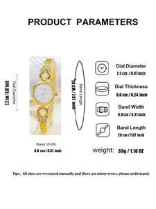 Detailed size chart for the gold heart-shaped hollow metal watch with rhinestone accents