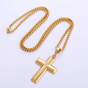 Polished 18k gold plated stainless steel flat cross pendant necklace with box chain