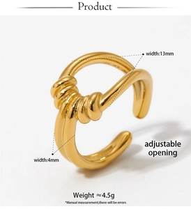 Macro detail of gold twisted knot open ring showing dimensions 13mm width and 4.5g weight