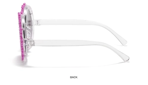 Side view detail of pink flower children's sunglasses showing the temple and frame hinge