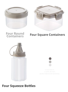 Lot de quatre flacons à épices transparents avec becs verseurs et couvercles beige