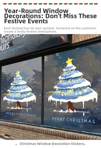 Détail d'un sticker de Noël sapin bleu enneigé avec guirlandes lumineuses sur vitre