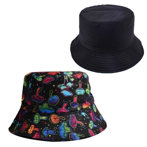 Detail view of cotton bucket hat with colorful mushroom print and black solid side