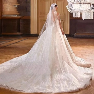 Luxurious long-sleeved sequined wedding gown with long train and ethereal bridal veil