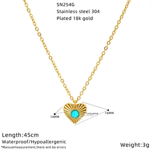 Detailed size specifications of heart-shaped gold necklace with blue turquoise stone
