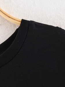 Detail shot of the neckline and fabric texture of this black short sleeve lace T-shirt