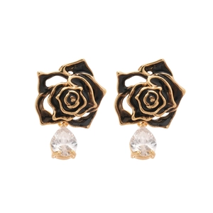 Elegant 18k gold plated black rose stud earrings with teardrop zirconia crystals