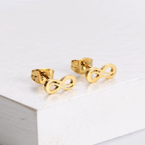 Polished gold infinity symbol stud earrings crafted in durable stainless steel
