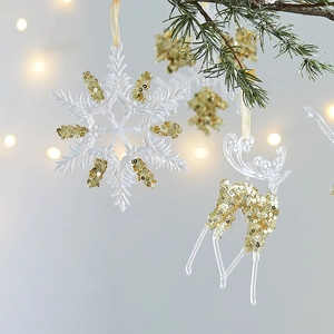 Christmas Hanging Ornaments Clear Acrylic Gold Sequin Snowflake Deer Ballerina Tree Holiday Party Home Decor