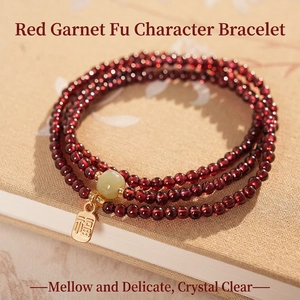 Red Garnet Hetian Jade Beaded Bracelet Multi Loop Hand String With Copper Gold Fu Pendant New Chinese Vintage For Women