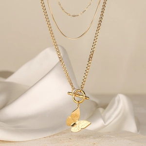 Multi Layer Butterfly Pendant Necklace Stainless Steel Gold Plated Toggle Clasp Snake Link Chain Fashion Jewelry