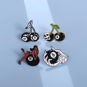Set of four retro black 8-ball enamel pins featuring cherry and vintage girl motifs