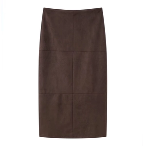 Women's dark brown faux suede midi skirt with six-panel stitched design on white background