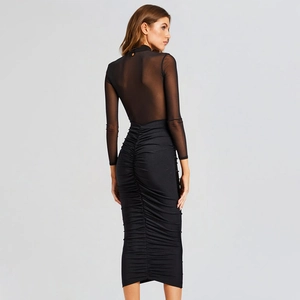 Sexy black mesh sheer long sleeve bodycon dress with ruched midi skirt back view