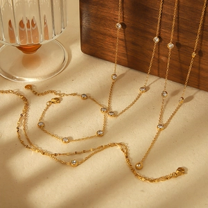 Elegant 18K gold plated stainless steel necklace set with sparkling round cubic zirconia