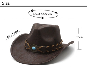 Detail of vintage faux leather cowboy hat with turquoise stone and dimensions
