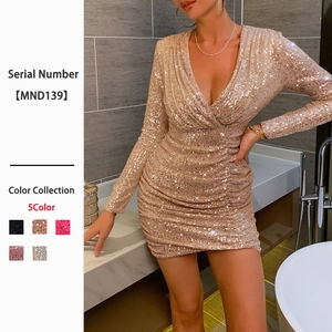Vestito Mini Paillettes Scollo A V Maniche Lunghe Arricciato Aderente Sexy Party Donna