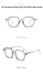 Detail of transparent grey hexagonal frames with blue light blocking lenses in C8 finish