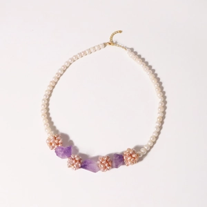 Natural freshwater pearl necklace with amethyst clusters and gold plated lobster clasp