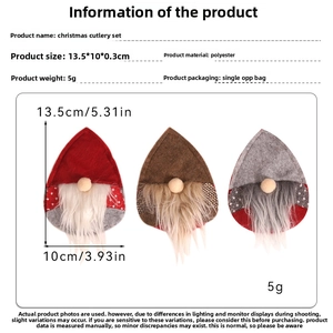 Detailed dimensions of Gnome Christmas cutlery holders in red, brown, and grey polyester