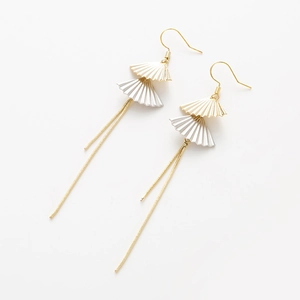 Elegant gold and silver fan-shaped dangle earrings with long tassels on white background